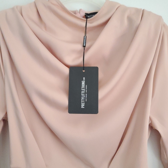 PRETTY LITTLE THING Rouched Detail Long Sleeve Bodycon Dress Nude/Blush - Picture 6 of 12